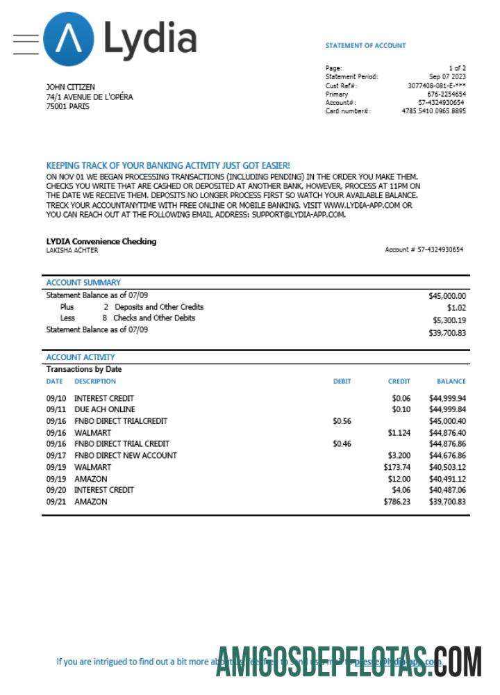 para impressão França Lydia Noir Extrato de cartão bancário Word e PDF modelo Scr